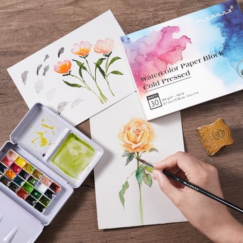 Watercolor Paper Block 5x7 Inch, Fuumuui 100% Cotton Watercolor Paper Pad of 30 Sheets, 140lb/300gsm, Acid-Free Cold Pressed Art Paper for Painting, Drawing, Art Journaling, Wet, Mixed Media