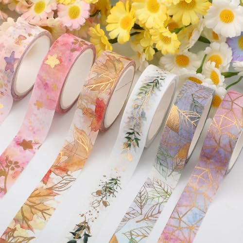 6 Rolls Gold Floral Washi Tape Set,15mm Gold Foil Colored Floral Pattern Decorative Tape,Decorative Masking Tapes for DIY Scrapbook Design Journaling Handbook Making Card Wrap Craft Gift(16.4ft)