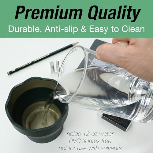 Faber-Castell Clic & Go Artist Water Cup, Dark Green - Travel-Friendly Collapsible Brush Cleaner Tool with Brush Stand, Scalloped Rim, Non-Slip Base, Portable Palette & Rinser