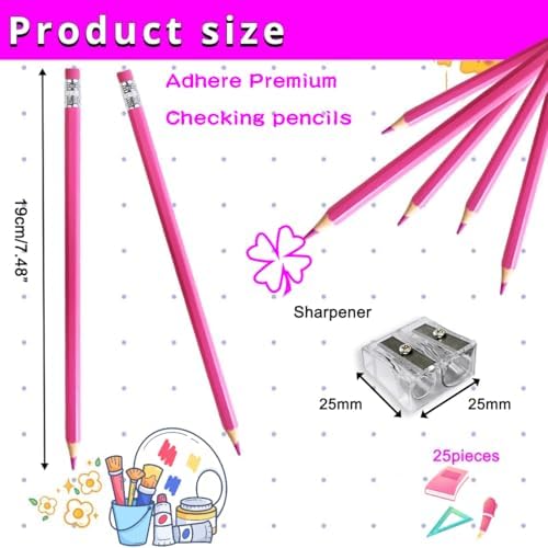 Adhere 25pcs Checking Pencils Erasable colored Pencils Pre-Sharpened #2 HB,for Checking Tests Grading,Map Coloring, editing Office Favors,including a Free sharpener. (Pink)