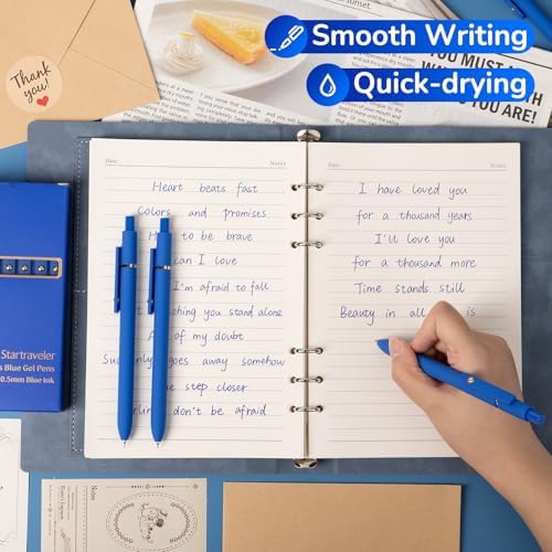YOXMJDB 6 Pcs Blue Ink Pens for Journaling 0.5mm Fine Point Blue Gel Ink Pens, Smooth Writing Quick Dry Pens for Note Taking, Gift Set for Women & Men (6 Pcs Blue Gold)