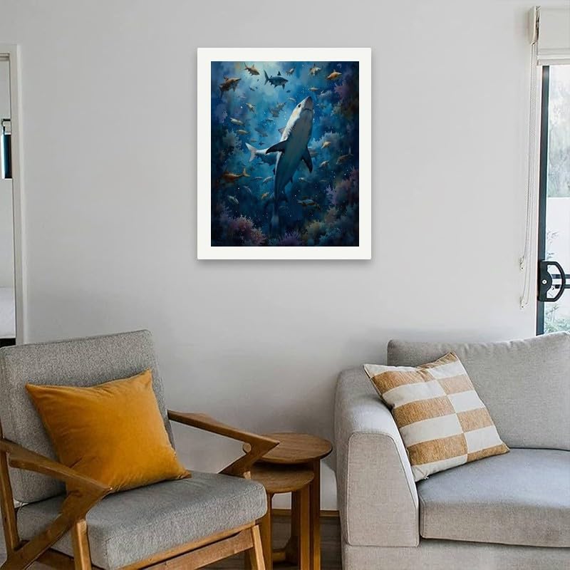 ENTORLAB Underwater Adventure Paint by Numbers Kit for Adults - DIY Shark and Fish in Ocean Scene Painting on Canvas 16x20In, Acrylic Paint Set, Suitable for Beginners, Art for Home Decoration/Gifts