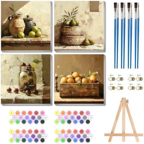 4 Pack Framed Retro Paint by Numbers Kits for Adults with Easel (8x8in)