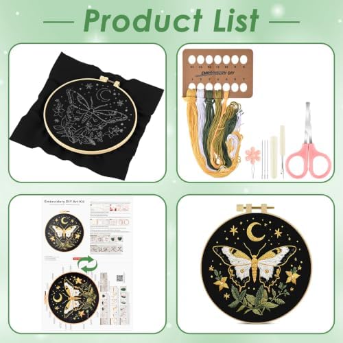 ERKOON Embroidery Kit for Beginners Adult Cross Stitch Set Include Embroidery Cloth Hoop Threads for Craft Lover Hand Stitch with Embroidery Skill Techniques (Moon Butterfly)