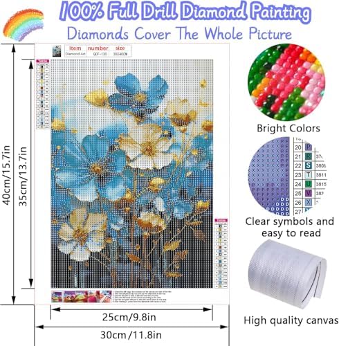 EIBEILI Diamond Painting Kits for Adults DIY 5D Diamond Art Paint with Round Diamonds Full Dril Gem Art Blue Flowers-3 Painting Kit for Home Wall Decor Gifts 12x16inch