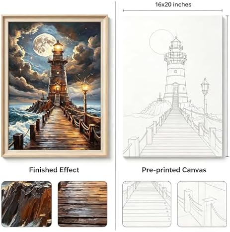 Paint by Numbers Kit for Adults - Ocean Lighthouse at Moonlight, DIY Paint by Number, Oil Painting Style Canvas, Paint by Numbers for Adults, Beginner Friendly Wall Decor Kit