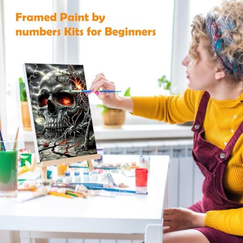 MOGTAA Halloween Paint by Numbers Kit for Adults Beginners with Frame, Skull Adult Paint by Number Kits on Canvas with Easel, Easy DIY Oil Painting Kits for Home Decor, 8x12in