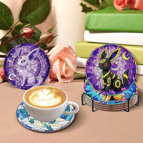 nekpiahu 8Pcs Diamond Painting Coasters with Holder,DIY Cartoon Life Coaster Diamond Art Kits for Adults, Beginners Round Full Drill Diamond Art Craft Supplies