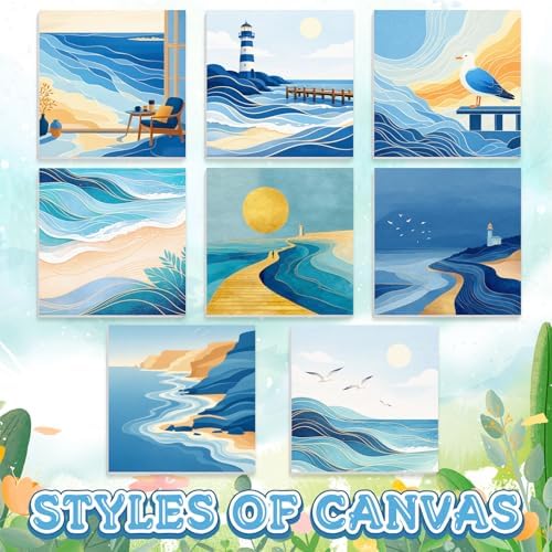Nezyo 8 Sets 8 x 8 Inch Paint by Numbers Kit for Adult Beginners with Wooden Easels Acrylic Paint by Number Landscape Paintings Kits for DIY Party Home Decor Gift(Blue Ocean)