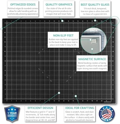 GLASSBOARD STUDIO Glass Craft Mat - Magnetic, Heat & Scratch Resistant - For Crafting, Cutting, Painting, Mixed Media Artwork - Grid Lines, Non-Slip Rubber Feet (Rich Black 24"L x 36"W)