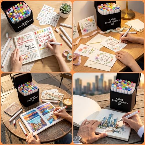 Caliart 51 Colors Brush Tip Alcohol Markers Brush & Fine Coloring Markers | Permanent Markers for Adult Coloring Books No Bleeding, Beginners Artists Sketch Pens Illustration Drawing Art Supplies Gifts