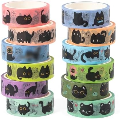 Black Cat Washi Tape - 24 Pcs Cute Trendy Black Cat Design Cute Eco-Friendly Masking Tape Decorative DIY Crafts Artist Tape Set School Office Journal Kids Art Supplies Gift Wrapping
