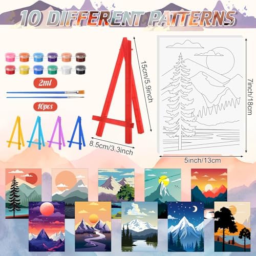 Blosssound 10 Set Pre Printed Canvas Pre Drawn Canvas Painting with Easel Kits 5" x 7" Outline Painting Panels for Beginners, DIY Craft Project, Party Favor, Home Decors(Sunset)