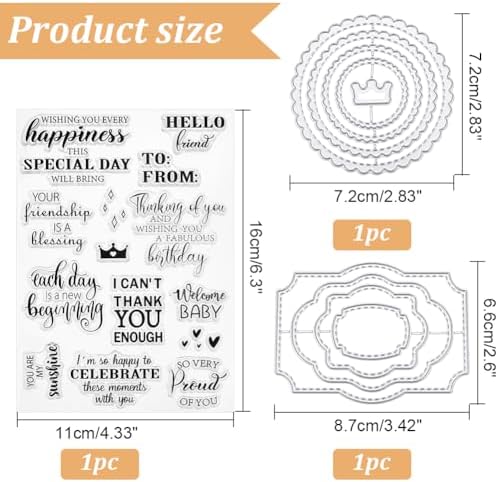 INFUNLY Word Stamp and Die for Card Making Label Rectangle Die Cuts Round Frame Metal Cutting Dies Inspirational Quotes Transparent Rubber Stamps for DIY Scrapbooking Paper Photo Album Decor