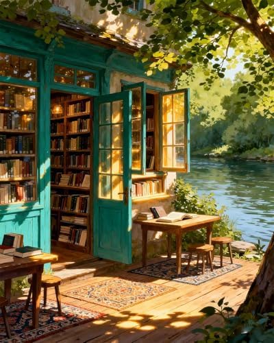 MIRCVSH DIY Bookstore Paint by Numbers Kit for Adults,Riverside Scenery Painting by Number Kits for Adult Beginners,Watercolor Oil Painting Kit for Home Decor Gifts 16x20 Inch.