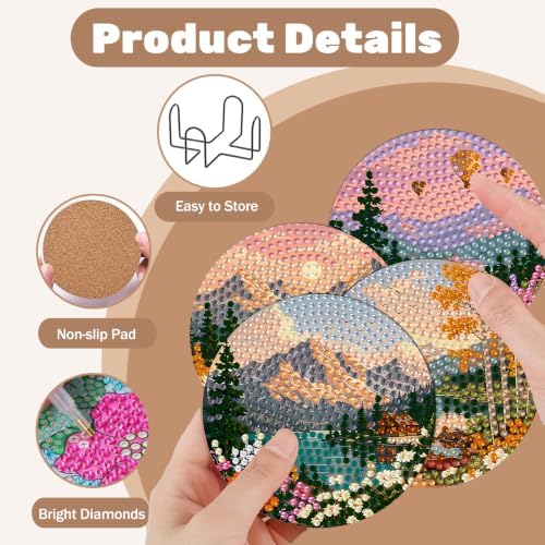CRZMODE 8 Pcs Landscape Diamond Art Coasters Kits, Diamond Painting Coasters with Holder