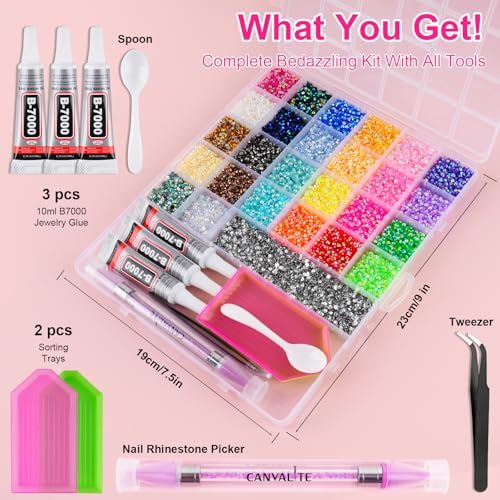 Canvalite 35000Pcs Resin Jelly Rhinestones for Bedazzling, 3mm Multicolor Flatback Rhinestones, Bedazzling Kit with 3Pcs B7000 Jewelry Glue and Tools, Bedazzler Kit for Crafting Book Clothes Makeup