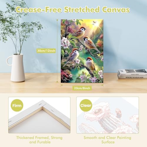 Bowetile Paint by Numbers Birds Kit for Adults, Framed Painting by Numbers Animal, Adults' Paint-by-Number Kits on Canvas, Acrylic Flower Number Painting Gifts for Home Wall Decor, 8x12in