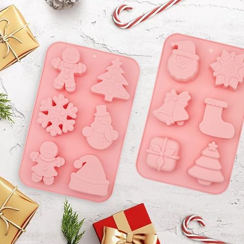 2 Pcs Christmas Soap Silicone Molds for Mini Cakes Xmas Candle Christmas Tree Socks Snowflake Santa Claus Gift Box Jingle Bell Baking Molds for Home Handmade DIY Tool