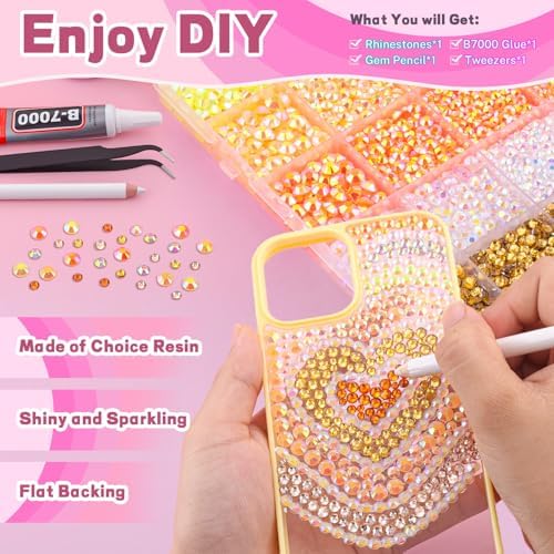 20000Pcs Yellow Rhinestones for Bedazzling with B7000 Jewelry Glue, Resin Rhinestones for Crafting Crafts DIY, Bedazzler Kit Gems for Clothing Shoes Tumblers Fabric Nail Art Assorted Size 3/4/5/6mm