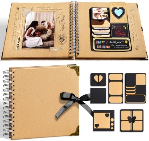 OVESMUSL 10x10 DIY Scrapbook Kit, Brown, 40 Pages | Features 250gsm kraft paper, metal corners, 3D interactive elements, and glue stick. Great for wedding, anniversary, baby.