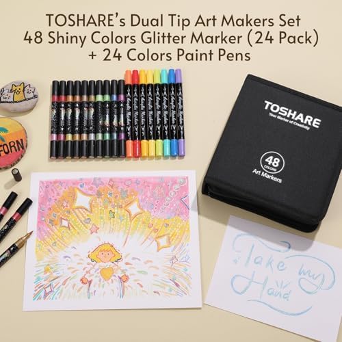 72 Colors 48 Pack Dual Tip Glitter Markers & Acrylic Markers Set-Brush&Fine