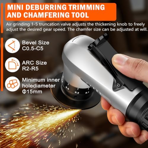 Pneumatic Chamfer Tool, 45 degree tile chamfering tool with 8 C-Angle & 6 R-Angle Blades & 6 durable bearings, Upgrade, Mini Air Chamfer Tool with 1/4 Inch Air Inlet for Metal and Wood-Silver