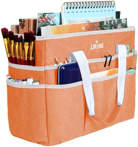 JJRING Craft Organizer Tote Bag Large Art Storage Caddy Orange | With Multiple Pockets For Sewing, Scrapbooking, School, Medical, And Office Supplies