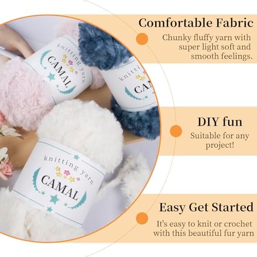 CAMAL Soft Faux Fur Yarn for Crocheting Blanket, 65 Yards Chunky Eyelash Yarn for Knitting Hats, 100 Grams Fuzzy Velvet Crochet Thread for Dolls, Earmuffs, Bags (Light Brown)