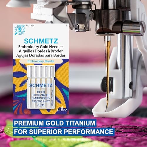SCHMETZ Gold Embroidery Sewing Machine Needles - Titanium Coated for Smooth Stitching, Size 75/11, 5-Needle Cards, Pack of 1