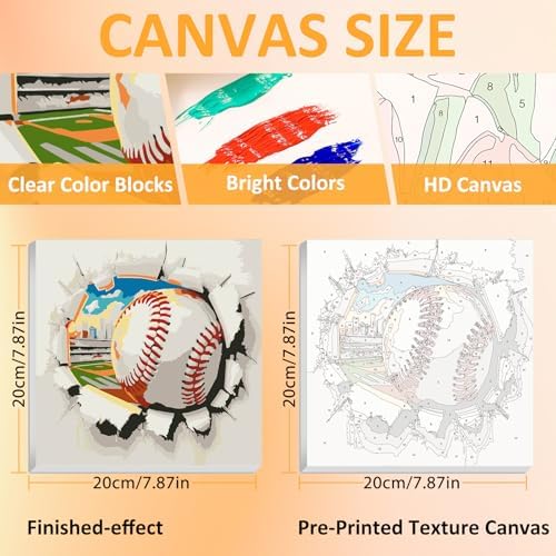 Baseball Paint by Numbers Kit for Kids, 8x8 inch