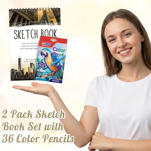 2 Pack Sketch Books for Kids 9 × 12In, 100gsm Drawing Pad with 36 Pencils