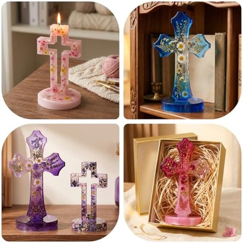 Cross Resin Mold Set with Base, 2PCS Silicone Standing Cross Molds, Hollow Cross Mold and Scalloped Cross Mold for Epoxy Resin, Plaster, Soap, Wax, DIY Religious Craft Decorations