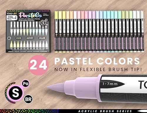 TOOLI-ART 24 Flexible Brush Tip Acrylic Paint Pens Markers Set 1-7mm Line for Rock Painting, Glass, Mugs, Wood, Metal, Canvas, Plastic. Non Toxic Waterbased Quick Drying Assorted Pastel