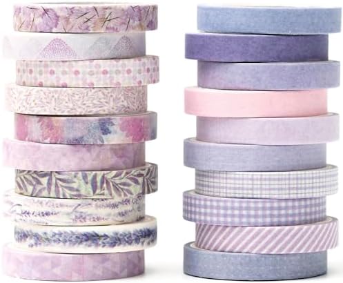 Vintage Washi Tape Set 20 Rolls Skinny Retro Decorative Antique Patterns Masking Tapes for Arts, DIY Crafts, Journals, Planners, Scrapbook, Wrapping (Purple)