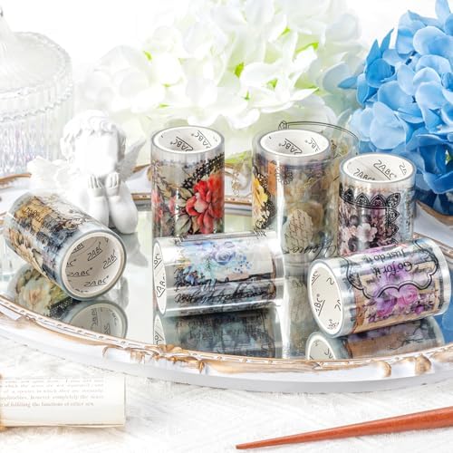 Vintage Floral Wide Washi Tape, 6 PET Rolls for Journaling Crafts | 6 wide PET rolls for journaling supplies, scrapbook supplies, junk journals, card making, DIY crafts and gift wrappin