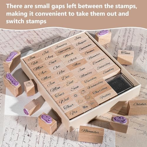CraftyManor 44PCS Mini Wooden Stamp Set, Vintage Month Week Weather Rubber Stamps with Black Ink Pad for Crafting, Scrapbooking, Journaling, CardMaking