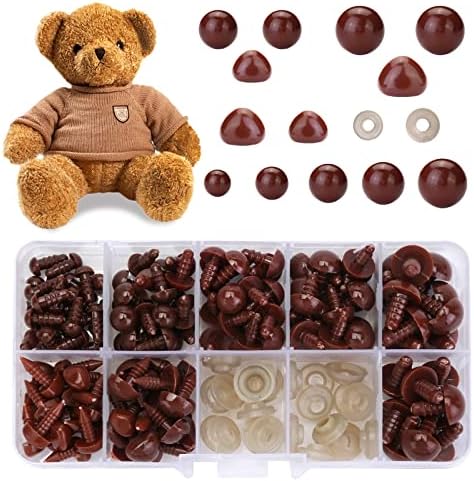 Safety Eyes and Noses for Amigurumi, Brown Plastic Doll Eyes and Teddy Bear Nose with Washers for Crochet Stuffed Animals, Crochet Toy and Teddy Bear for Doll Making Supplies
