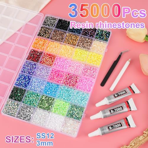 Canvalite 40000Pcs 40 Colors Jelly Rhinestones for Bedazzling, 3mm Multicolor Resin Flatback Gems for Diamond Art, Bedazzler Kit with 3Pcs 10ml B7000 Jewelry Glue for Crafting Book Shoes Nail Art