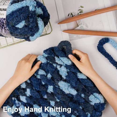 Chunky Yarn for Hand Knitting, #10 Chunky Blanket Chenille Yarn, Large Bulky Thick Jumbo Yarn, Super Chunky Knit Yarn for Crocheting, 8 Skein (8oz,20yds Each Skein), Tie Dye Navy&Multi Blue