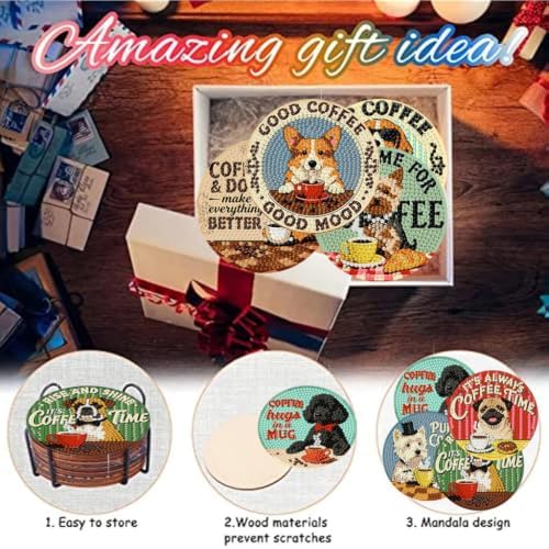 8 Pack Diamond Art Coasters, Coffee Dog Diamond Painting Coasters