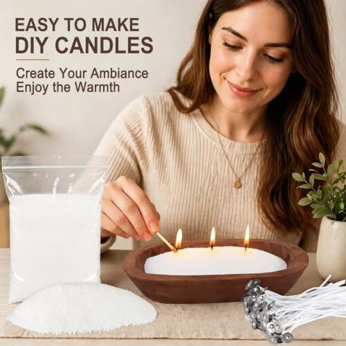 Wfmolcand 2 lb Natural Pearl Wax Sand DIY Set with Wooden Bowl & 20 Wicks, Unscented Aroma Beads, Reusable Pearled Candle Wax for DIY Home Kit, Powder Beads Refill Available