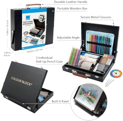COLOUR BLOCK 91-PC Sketching & Drawing Set in Wooden Easel Case – All-in-One Mixed Media Art Supplies with Colored, Metallic, Charcoal & Pastel Pencils, Soft Pastels, Essential Tools and Drawing Pad