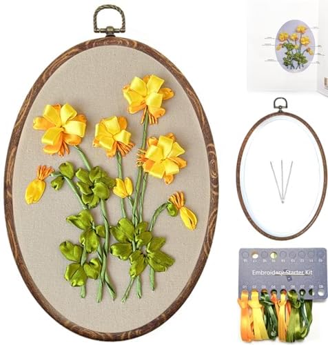 FONNUY Ribbon Embroidery 3D Flowers Pattern Design Kit Embroidery DIY Handwork Set Oval Home Decoration (Yellow Begonia)