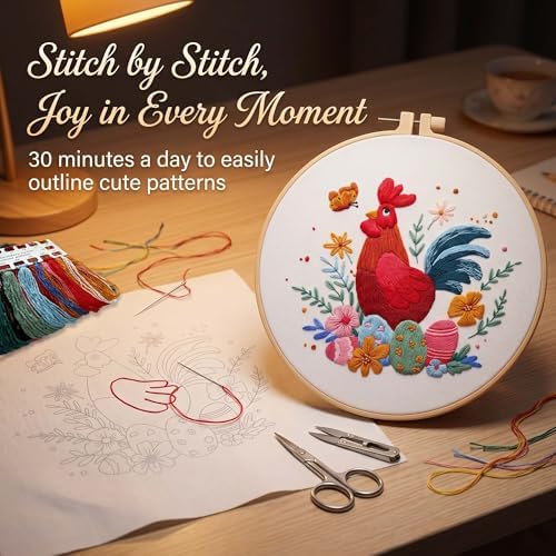 Harimau Adult Beginner Embroidery Starter Kit, Complete Set with 4 Patterns, 2 Hoops, Needles, Scissors, Instruction Guide & Stitching Video Tutorials