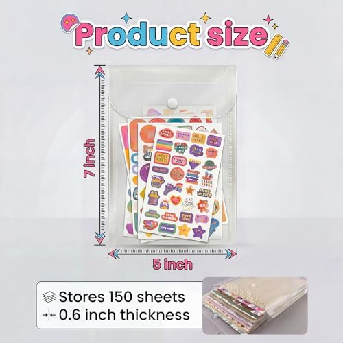 Sticker Organizer, Clear Plastic Envelopes with Snap, 12 Pack Waterproof and Durable for Sticker Storage, Scrapbook Storage, Washi Tape, Scrapbooking & Stamping Supplies (5 x 7 Inches)