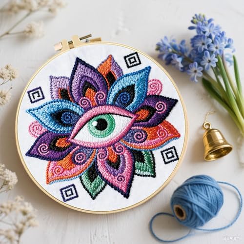FREEBLOSS 4 Set Embroidery Kit Hamsa Pattern Stamped Embroidery Starter Kit with Step by Step Instructions, Colored Threads, 2 Hoops, Needlepoint Kits for Hand Craft Lovers Gift, 30cm/11.8inch