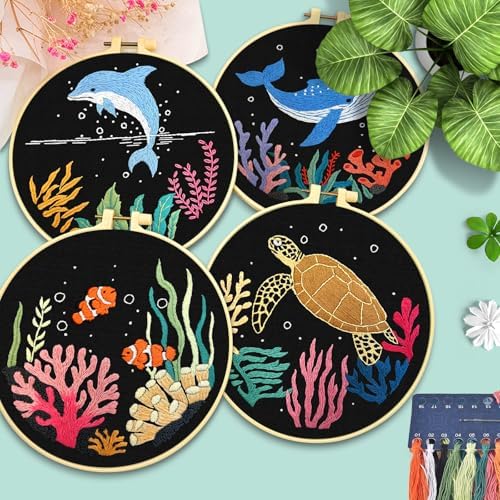 ERKOON 4 Set Embroidery Kit for Beginners, Cross Stitch Set Include Embroidery Cloth Hoops Threads for Craft Lover Hand Stitch with Embroidery Skill Techniques (Marine Animals)