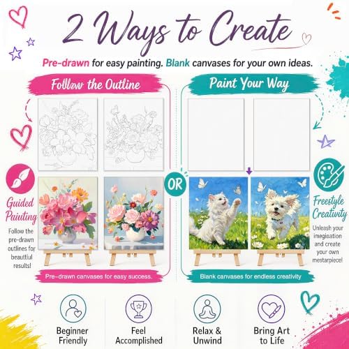 QUANWAISJ Sip and Paint Kit for Adults, Pre Drawn Canvas for Painting for Adults, 2 Pack Canvas Painting Kit, Paint Party Kit, Date Night Activities for Couples (Flower Vase)