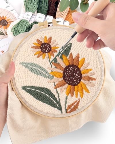 ERKOON Punch Needle Kit Beginners Adults, DIY Easy Flower Embroidery Set for Starter Art Craft, Needling Punching Project with Patterns, Tools, Yarns, Hoop, Instruction (Sunflowers)